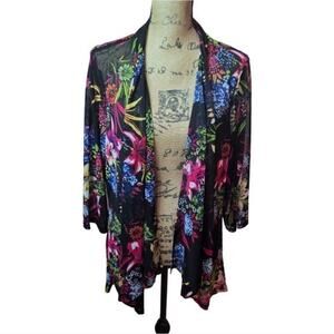 Zero 2 Eight Floral Mesh‎ Open Front Cardigan Black Multi 3 Cover up Kimono 2X